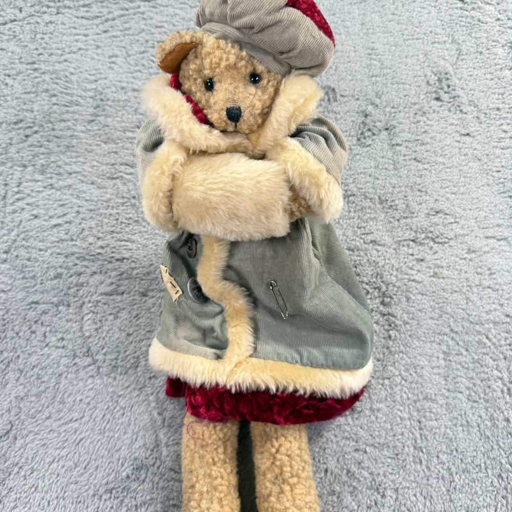 Enesco Vintage Teddy Bear Plush 19" Grey Red Winter Coat Hat 1996 Good